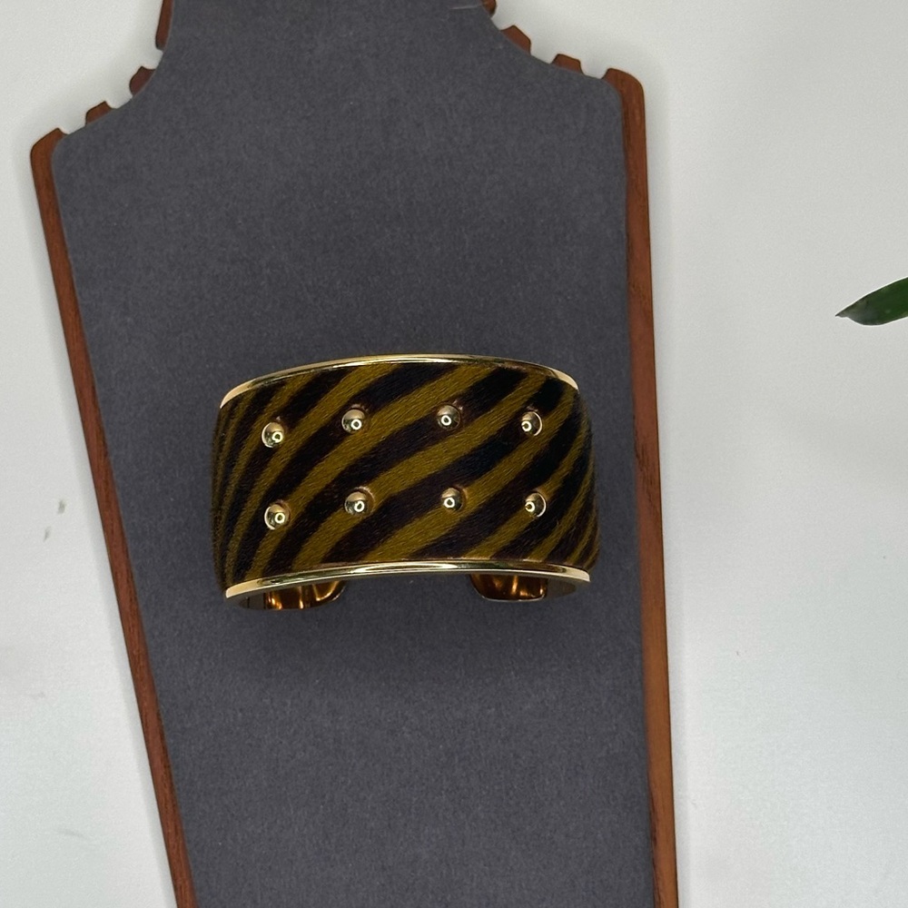 Tod’s Tiger Stripe Pony Hair Cuff Bracelet | Gold Studded Statement Bangle - Picture 7 of 10